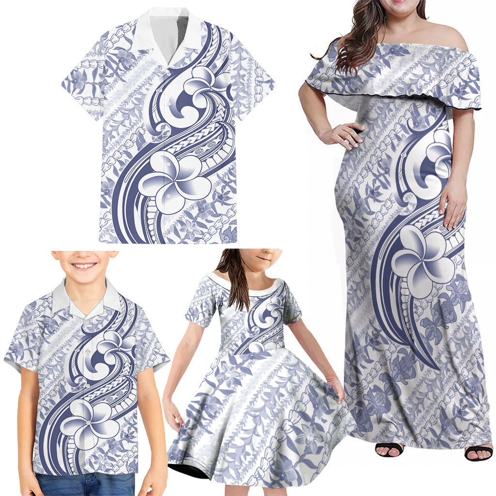 Hawaii Plumeria Lokelani Pikake Lei Family Matching Off Shoulder Maxi Dress and Hawaiian Shirt Navy Blue Polynesian Tattoo