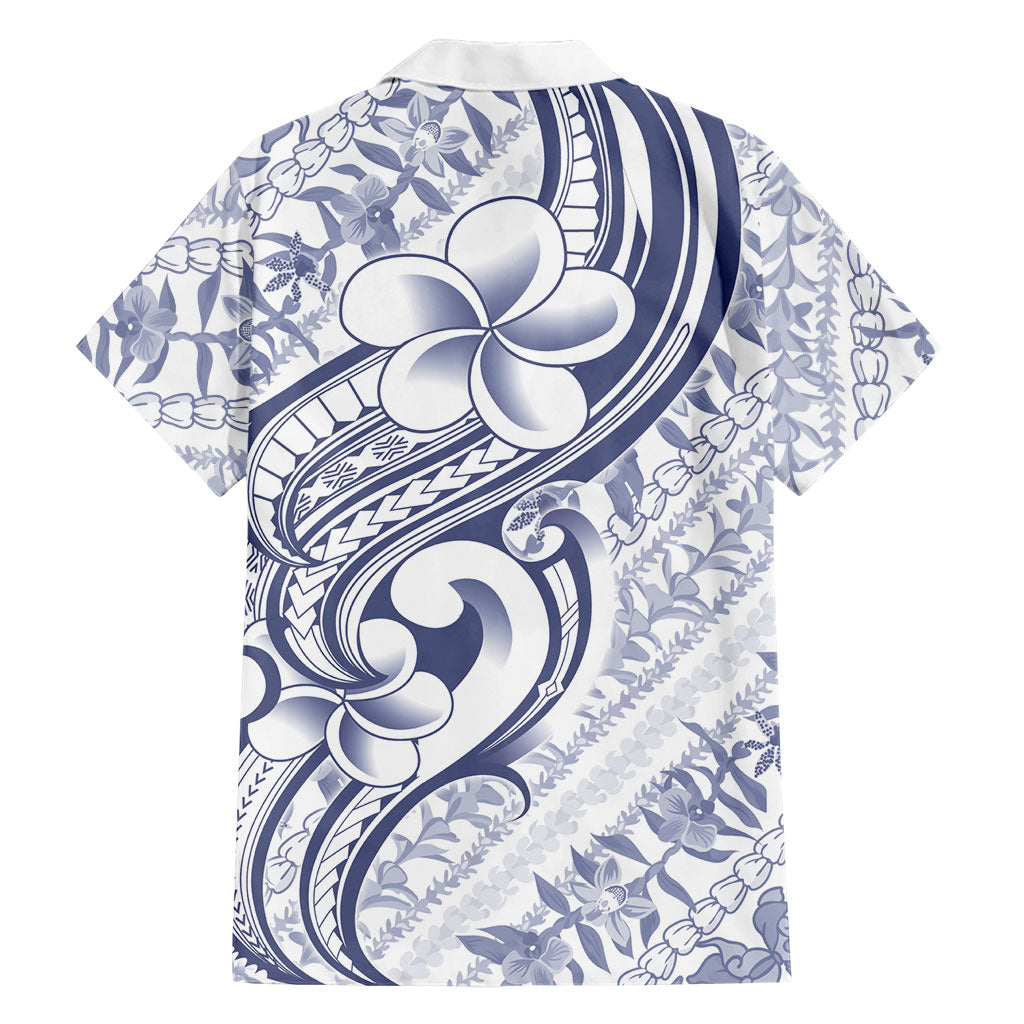 Hawaii Plumeria Lokelani Pikake Lei Family Matching Off Shoulder Short Dress and Hawaiian Shirt Navy Blue Polynesian Tattoo