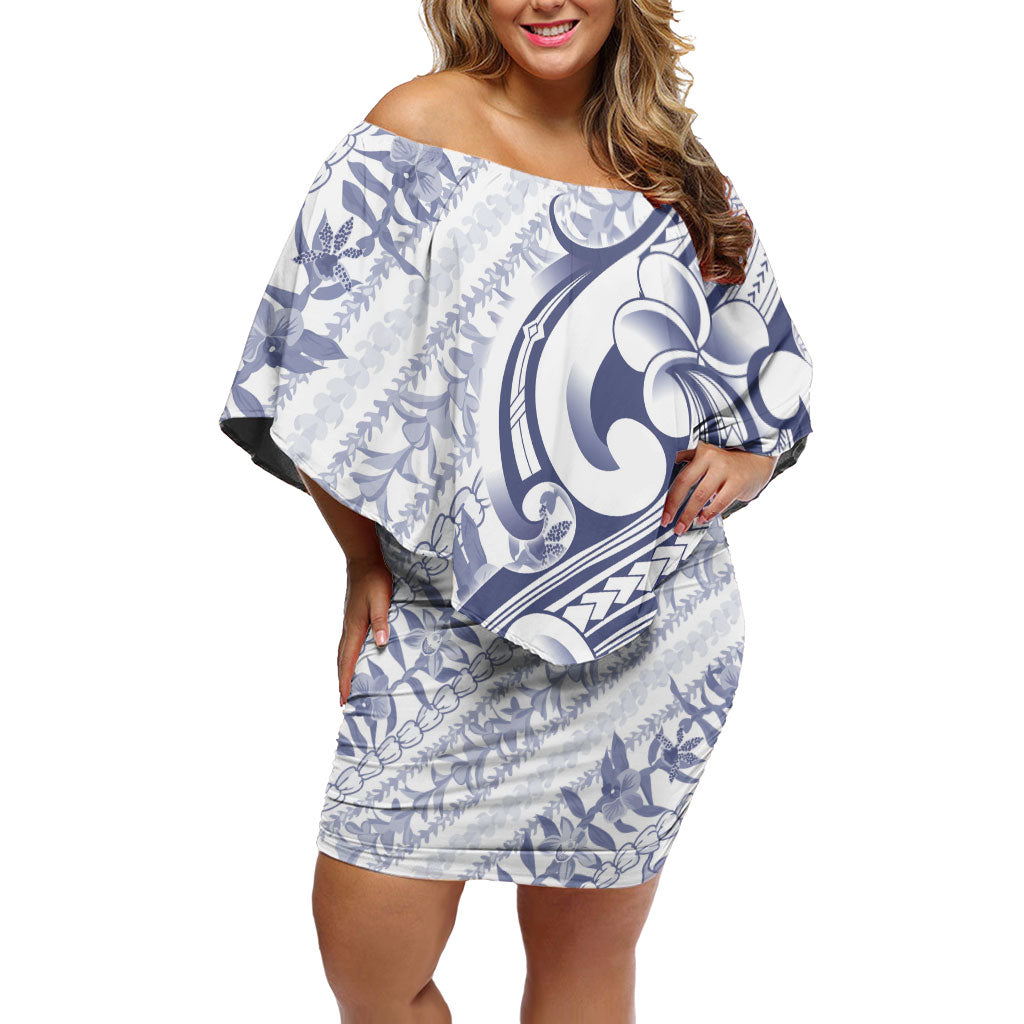 Hawaii Plumeria Lokelani Pikake Lei Family Matching Off Shoulder Short Dress and Hawaiian Shirt Navy Blue Polynesian Tattoo
