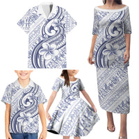 Hawaii Plumeria Lokelani Pikake Lei Family Matching Puletasi and Hawaiian Shirt Navy Blue Polynesian Tattoo