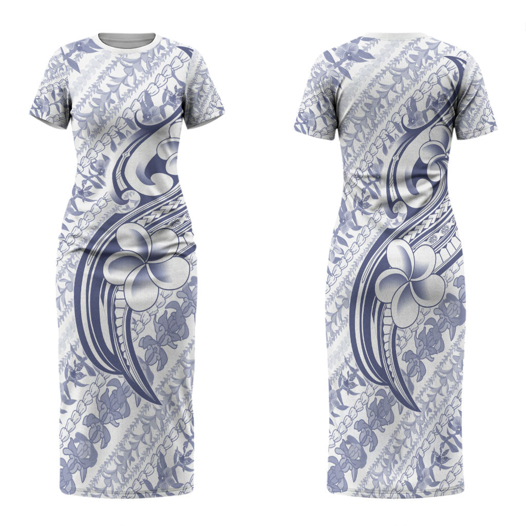 Hawaii Plumeria Lokelani Pikake Lei Family Matching Short Sleeve Bodycon Dress and Hawaiian Shirt Navy Blue Polynesian Tattoo LT9 Mom's Dress Navy Blue - Polynesian Pride