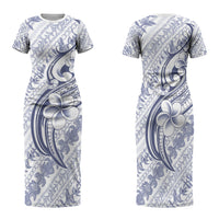 Hawaii Plumeria Lokelani Pikake Lei Family Matching Short Sleeve Bodycon Dress and Hawaiian Shirt Navy Blue Polynesian Tattoo LT9 Mom's Dress Navy Blue - Polynesian Pride