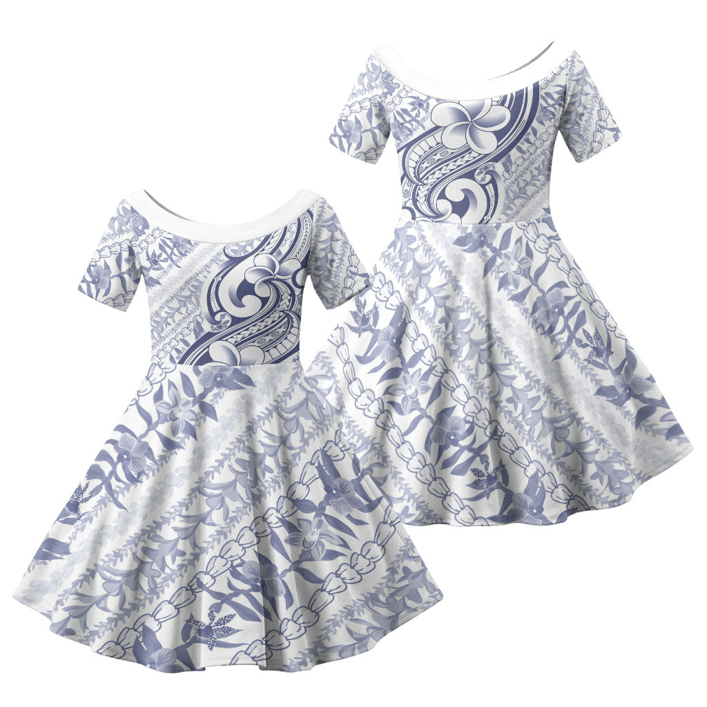 Hawaii Plumeria Lokelani Pikake Lei Family Matching Short Sleeve Bodycon Dress and Hawaiian Shirt Navy Blue Polynesian Tattoo LT9 Daughter's Dress Navy Blue - Polynesian Pride