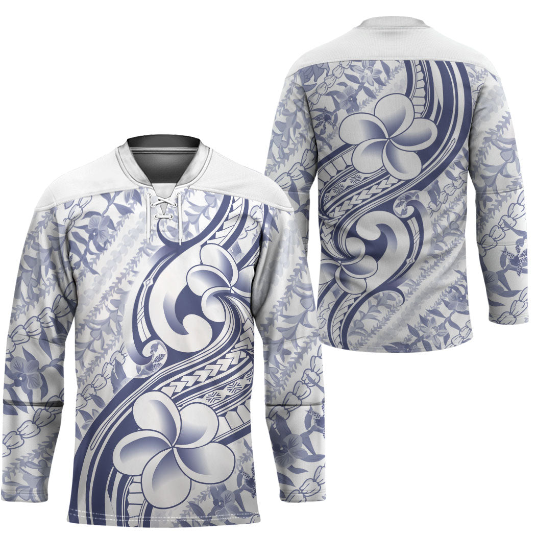Hawaii Plumeria Lokelani Pikake Lei Hockey Jersey Navy Blue Polynesian Tattoo LT9 - Polynesian Pride