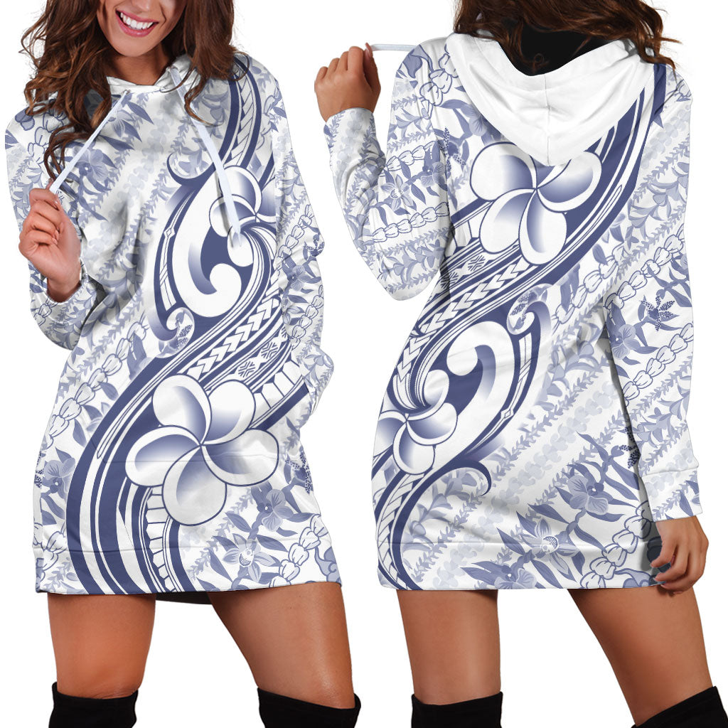 Hawaii Plumeria Lokelani Pikake Lei Hoodie Dress Navy Blue Polynesian Tattoo