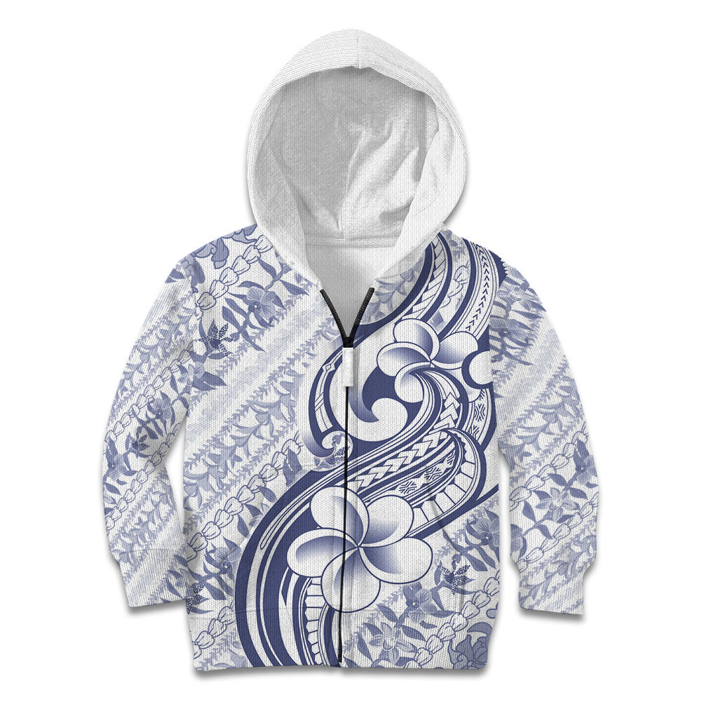 Hawaii Plumeria Lokelani Pikake Lei Kid Hoodie Navy Blue Polynesian Tattoo LT9 Zip Hoodie Navy Blue - Polynesian Pride
