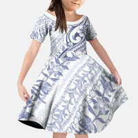 Hawaii Plumeria Lokelani Pikake Lei Kid Short Sleeve Dress Navy Blue Polynesian Tattoo