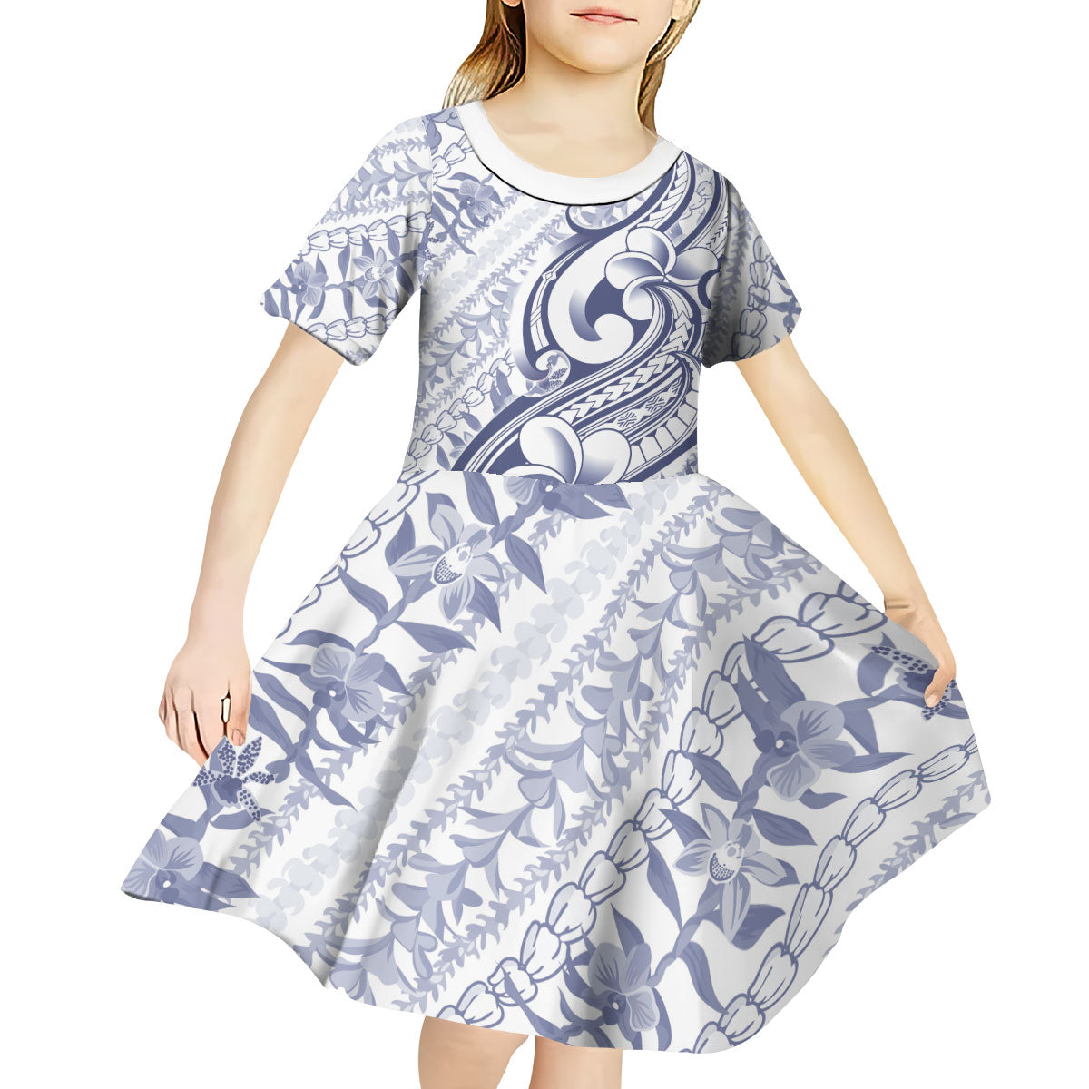 Hawaii Plumeria Lokelani Pikake Lei Kid Short Sleeve Dress Navy Blue Polynesian Tattoo