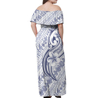 Hawaii Plumeria Lokelani Pikake Lei Off Shoulder Maxi Dress Navy Blue Polynesian Tattoo