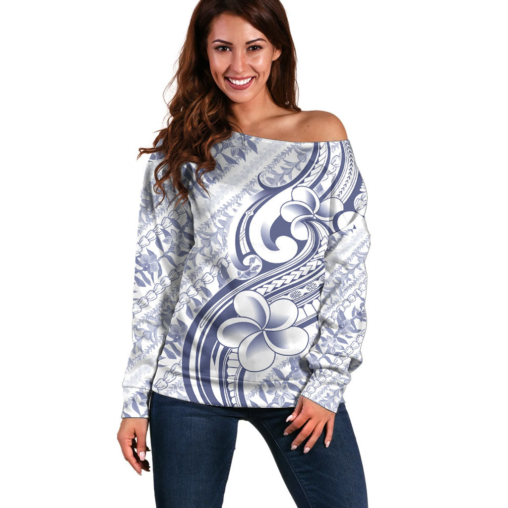 Hawaii Plumeria Lokelani Pikake Lei Off Shoulder Sweater Navy Blue Polynesian Tattoo