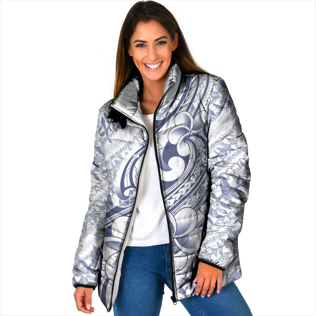 Hawaii Plumeria Lokelani Pikake Lei Padded Jacket Navy Blue Polynesian Tattoo LT9 Women Navy Blue - Polynesian Pride