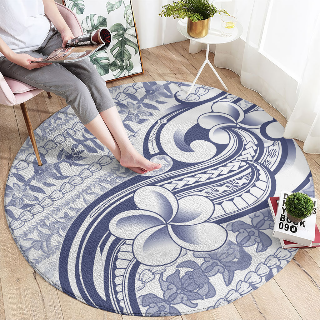 Hawaii Plumeria Lokelani Pikake Lei Round Carpet Navy Blue Polynesian Tattoo