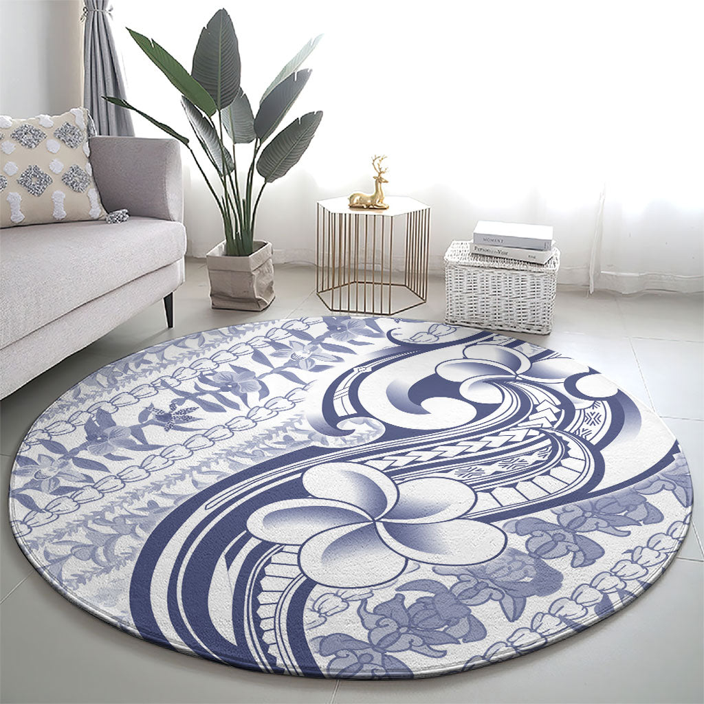 Hawaii Plumeria Lokelani Pikake Lei Round Carpet Navy Blue Polynesian Tattoo