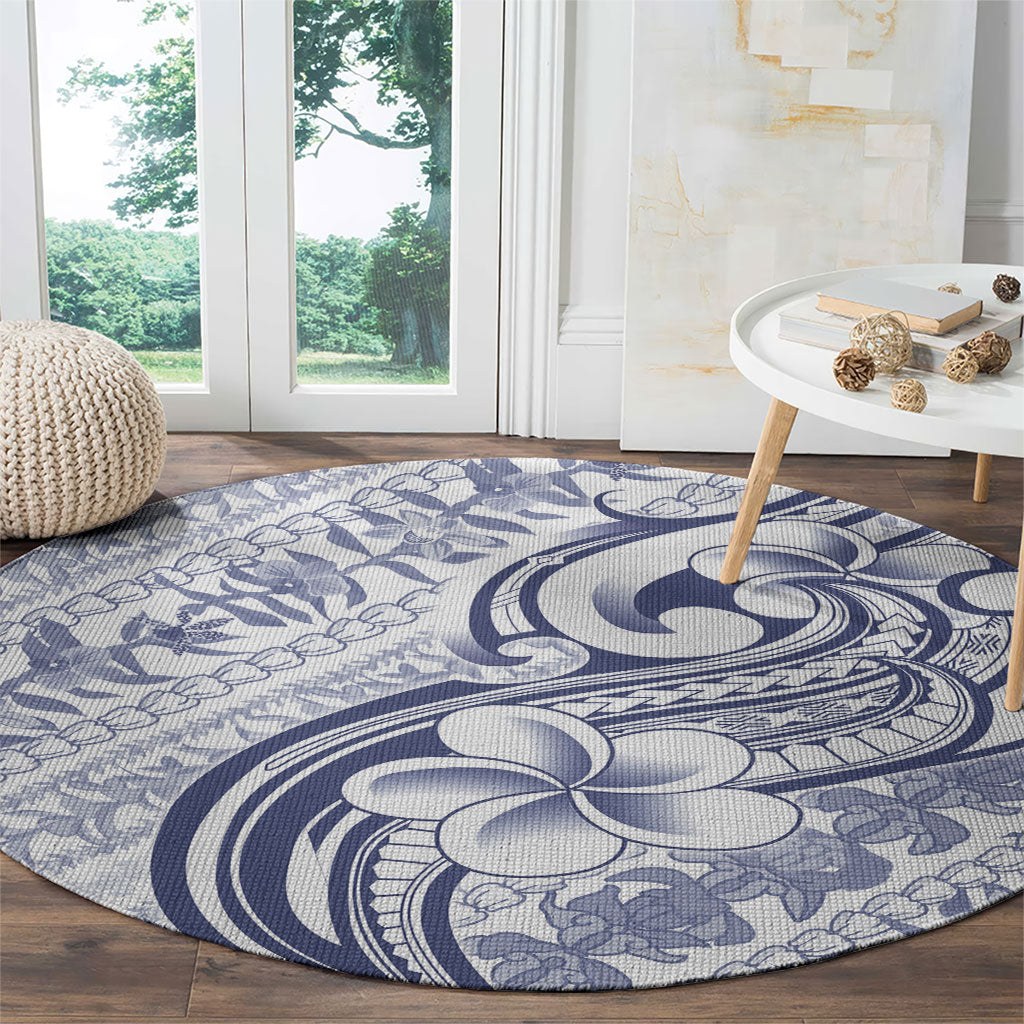 Hawaii Plumeria Lokelani Pikake Lei Round Carpet Navy Blue Polynesian Tattoo