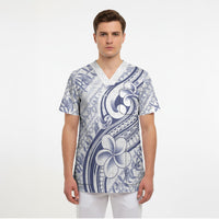 Hawaii Plumeria Lokelani Pikake Lei Scrub Top Navy Blue Polynesian Tattoo