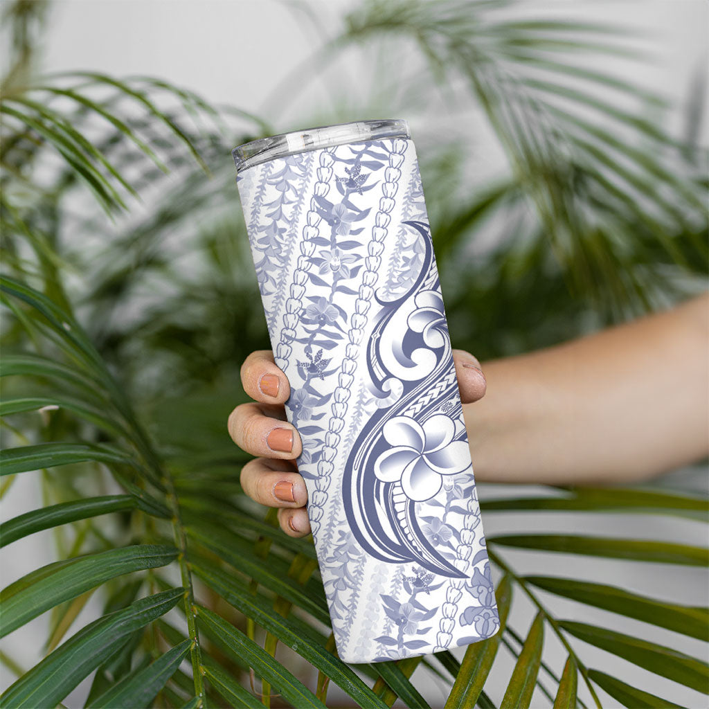 Hawaii Plumeria Lokelani Pikake Lei Skinny Tumbler Navy Blue Polynesian Tattoo