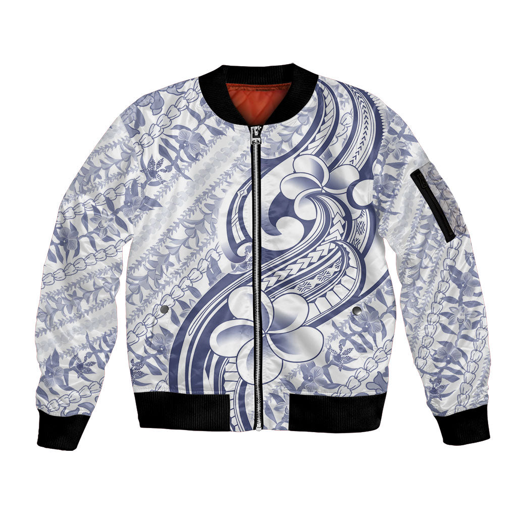 Hawaii Plumeria Lokelani Pikake Lei Sleeve Zip Bomber Jacket Navy Blue Polynesian Tattoo
