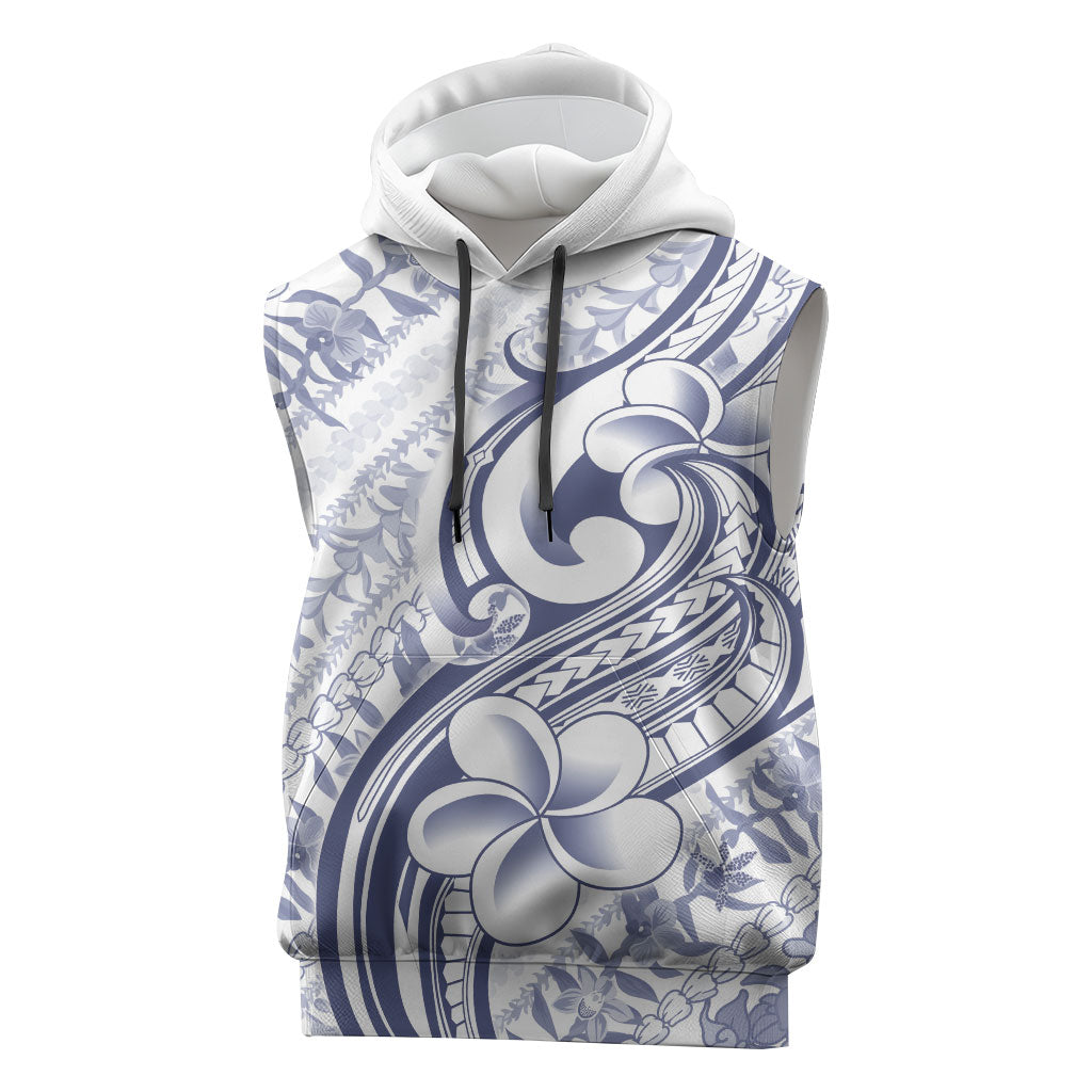 Hawaii Plumeria Lokelani Pikake Lei Sleeveless Hoodie Navy Blue Polynesian Tattoo