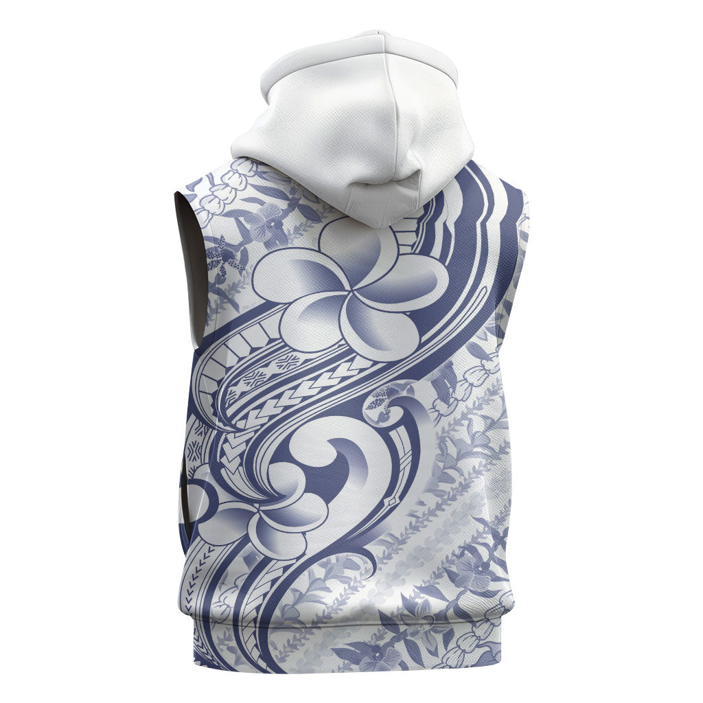 Hawaii Plumeria Lokelani Pikake Lei Sleeveless Hoodie Navy Blue Polynesian Tattoo