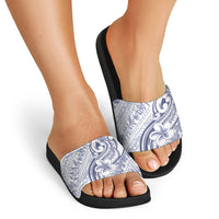 Hawaii Plumeria Lokelani Pikake Lei Slide Sandals Navy Blue Polynesian Tattoo
