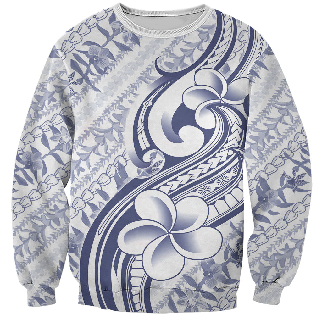 Hawaii Plumeria Lokelani Pikake Lei Sweatshirt Navy Blue Polynesian Tattoo