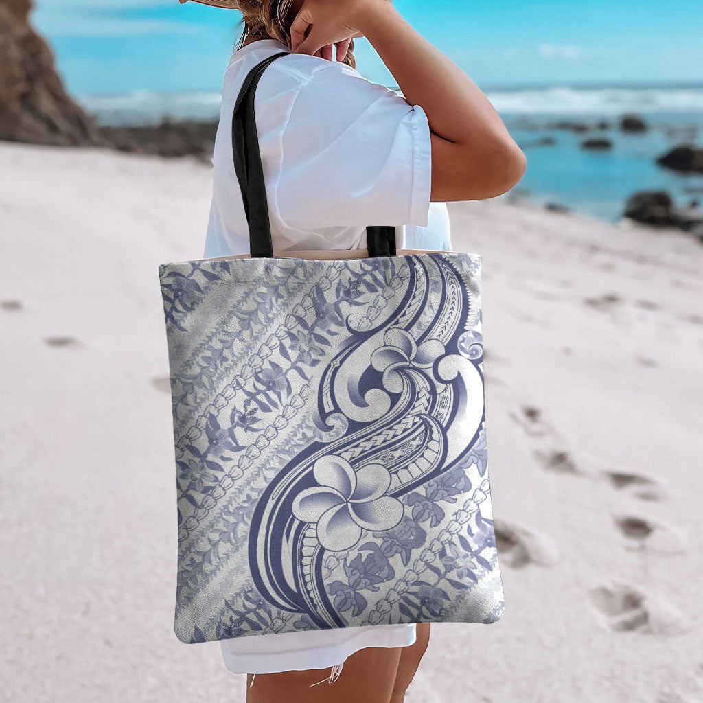 Hawaii Plumeria Lokelani Pikake Lei Tote Bag Navy Blue Polynesian Tattoo