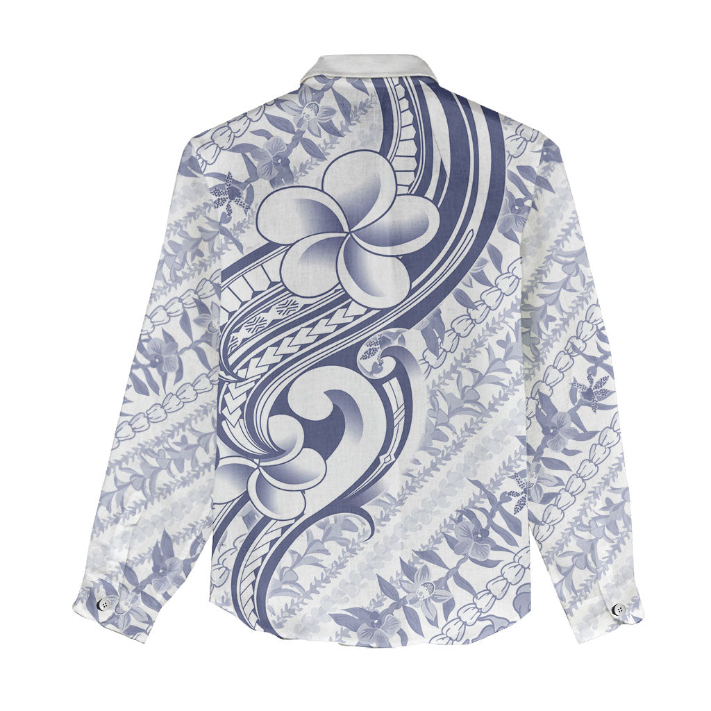 Hawaii Plumeria Lokelani Pikake Lei Women Casual Shirt Navy Blue Polynesian Tattoo