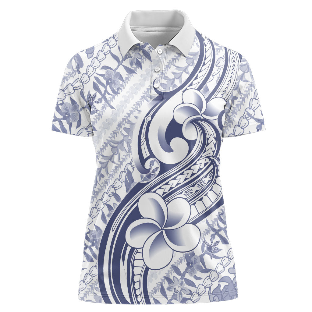 Hawaii Plumeria Lokelani Pikake Lei Women Polo Shirt Navy Blue Polynesian Tattoo
