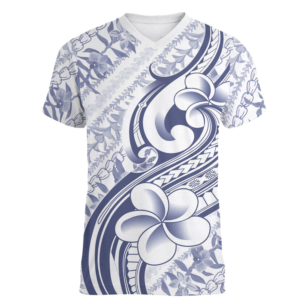 Hawaii Plumeria Lokelani Pikake Lei Women V-Neck T-Shirt Navy Blue Polynesian Tattoo