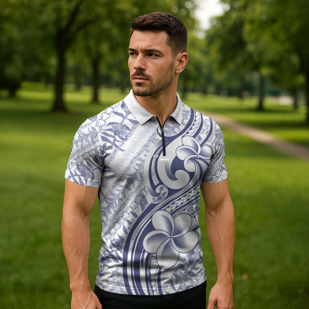 Hawaii Plumeria Lokelani Pikake Lei Zipper Polo Shirt Navy Blue Polynesian Tattoo