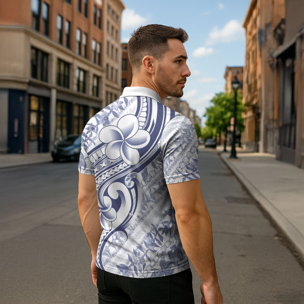 Hawaii Plumeria Lokelani Pikake Lei Zipper Polo Shirt Navy Blue Polynesian Tattoo