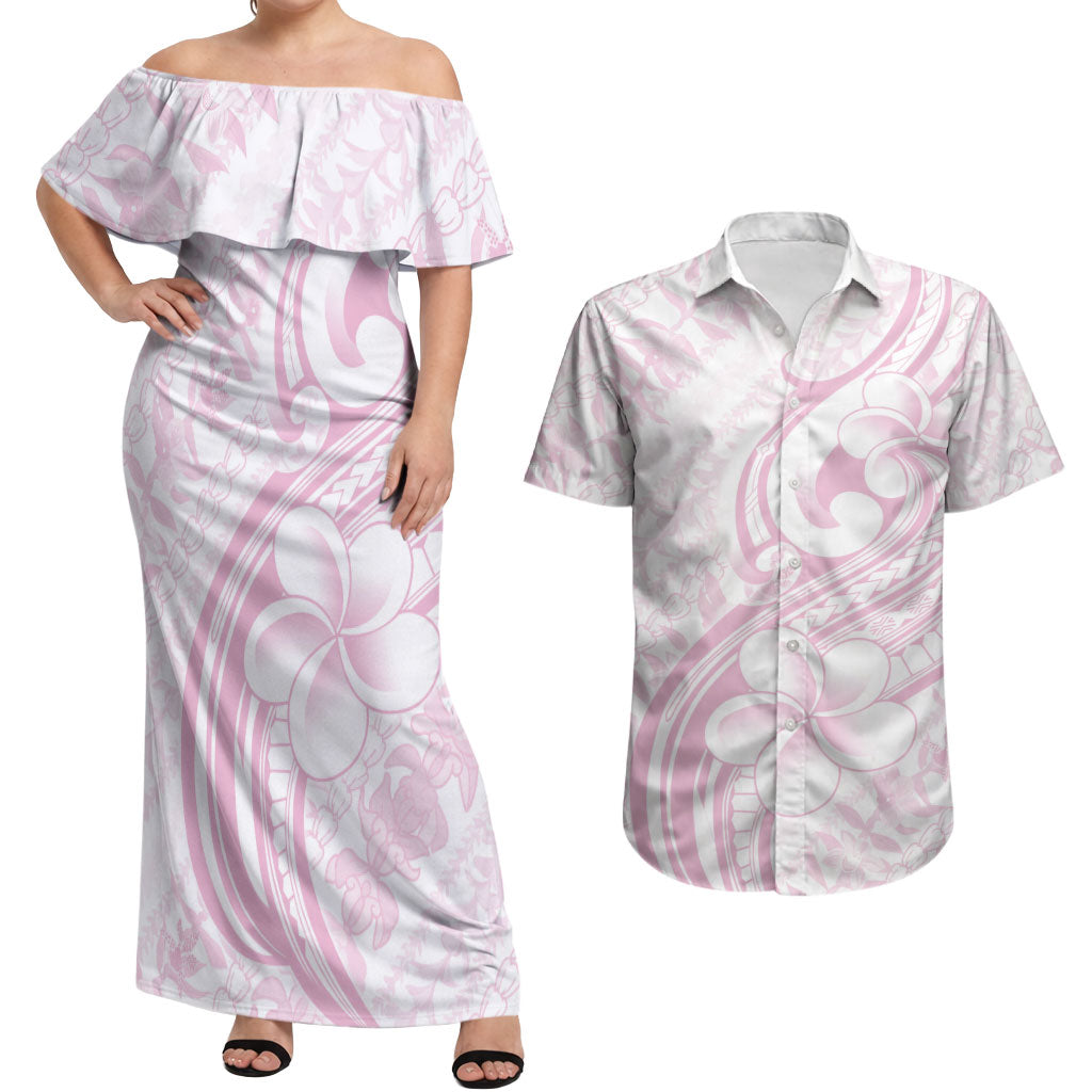 Hawaii Plumeria Lokelani Pikake Lei Couples Matching Off Shoulder Maxi Dress and Hawaiian Shirt Poni Mama Polynesian Tattoo LT9 Pink - Polynesian Pride