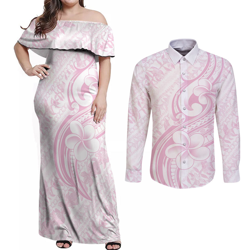 Hawaii Plumeria Lokelani Pikake Lei Couples Matching Off Shoulder Maxi Dress and Long Sleeve Button Shirt Poni Mama Polynesian Tattoo
