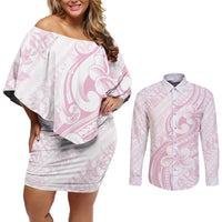 Hawaii Plumeria Lokelani Pikake Lei Couples Matching Off Shoulder Short Dress and Long Sleeve Button Shirt Poni Mama Polynesian Tattoo