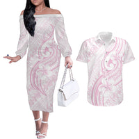Hawaii Plumeria Lokelani Pikake Lei Couples Matching Off The Shoulder Long Sleeve Dress and Hawaiian Shirt Poni Mama Polynesian Tattoo