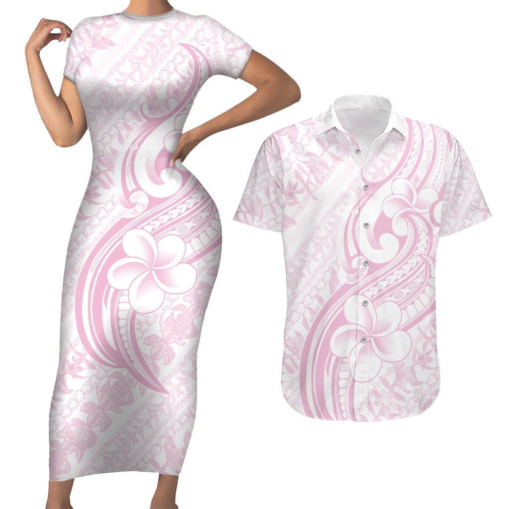 Hawaii Plumeria Lokelani Pikake Lei Couples Matching Short Sleeve Bodycon Dress and Hawaiian Shirt Poni Mama Polynesian Tattoo