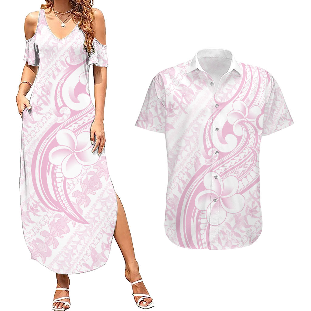 Hawaii Plumeria Lokelani Pikake Lei Couples Matching Summer Maxi Dress and Hawaiian Shirt Poni Mama Polynesian Tattoo