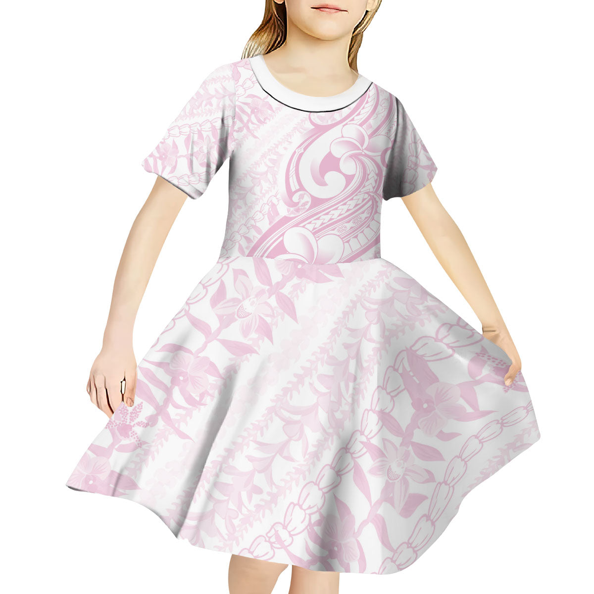 Hawaii Plumeria Lokelani Pikake Lei Kid Short Sleeve Dress Poni Mama Polynesian Tattoo