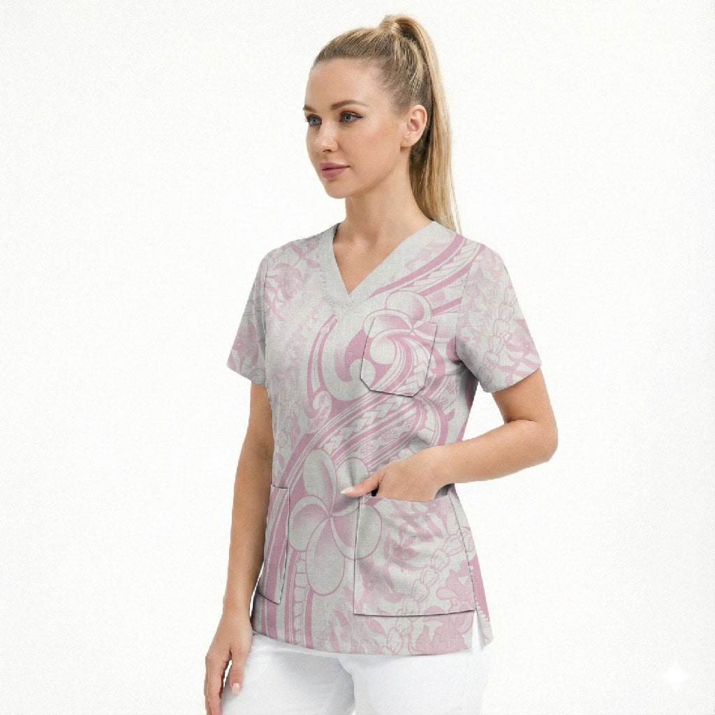 Hawaii Plumeria Lokelani Pikake Lei Scrub Top Poni Mama Polynesian Tattoo