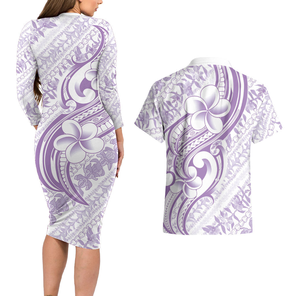 Hawaii Plumeria Lokelani Pikake Lei Couples Matching Long Sleeve Bodycon Dress and Hawaiian Shirt Poni Polynesian Tattoo