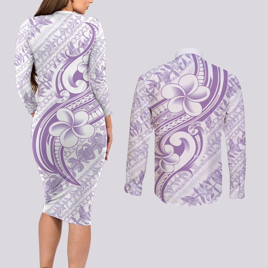 Hawaii Plumeria Lokelani Pikake Lei Couples Matching Long Sleeve Bodycon Dress and Long Sleeve Button Shirt Poni Polynesian Tattoo