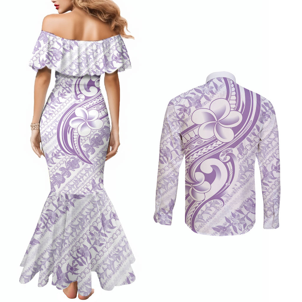 Hawaii Plumeria Lokelani Pikake Lei Couples Matching Mermaid Dress and Long Sleeve Button Shirt Poni Polynesian Tattoo