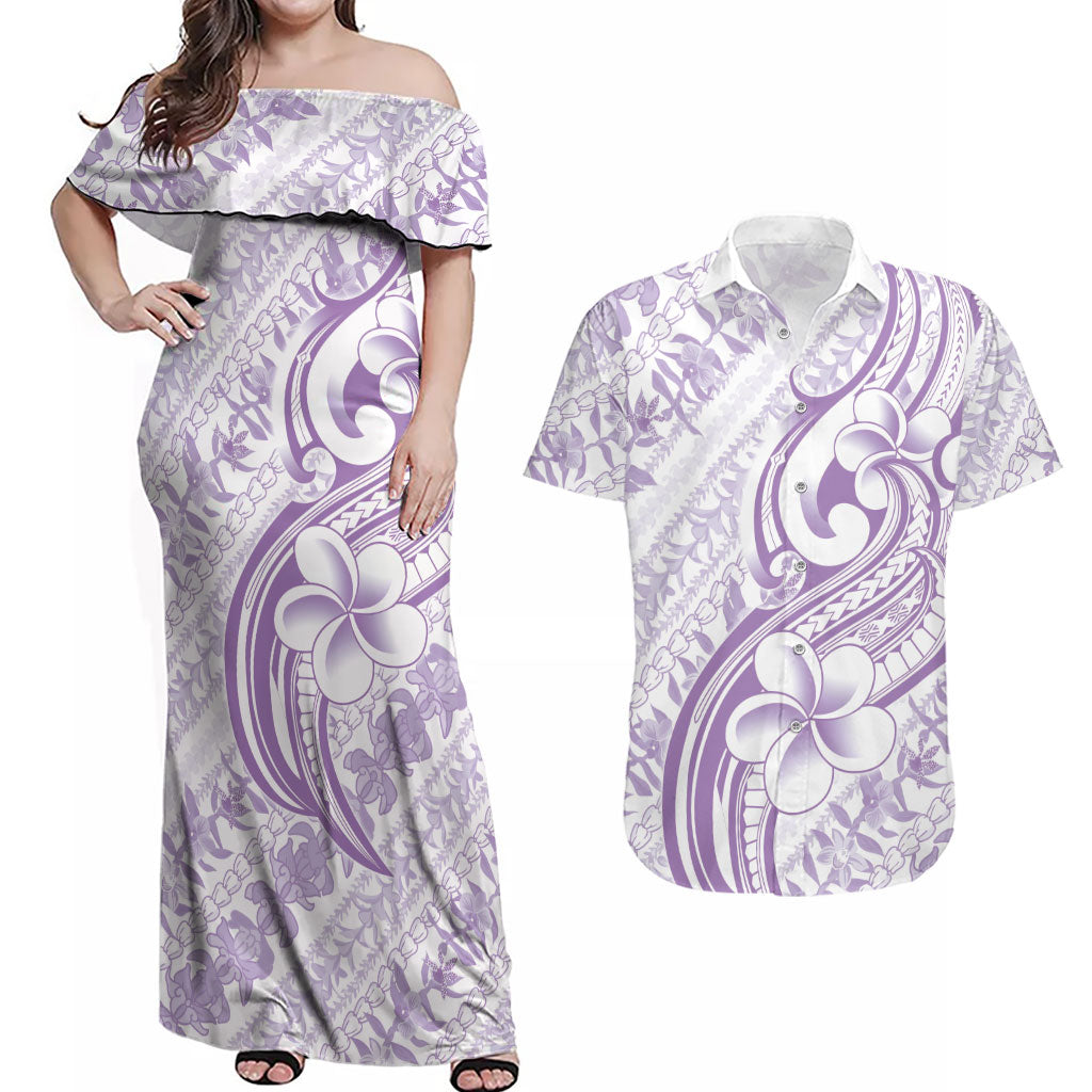 Hawaii Plumeria Lokelani Pikake Lei Couples Matching Off Shoulder Maxi Dress and Hawaiian Shirt Poni Polynesian Tattoo