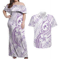 Hawaii Plumeria Lokelani Pikake Lei Couples Matching Off Shoulder Maxi Dress and Hawaiian Shirt Poni Polynesian Tattoo