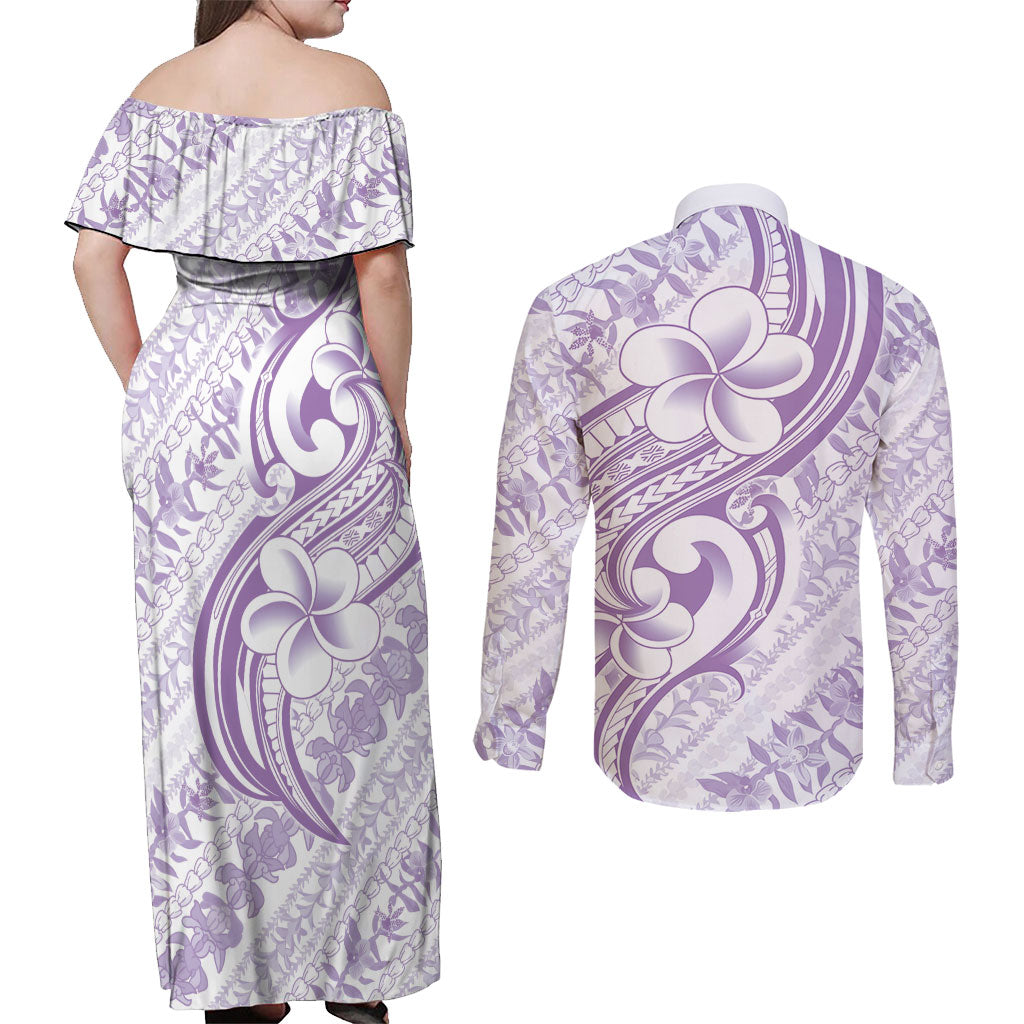 Hawaii Plumeria Lokelani Pikake Lei Couples Matching Off Shoulder Maxi Dress and Long Sleeve Button Shirt Poni Polynesian Tattoo