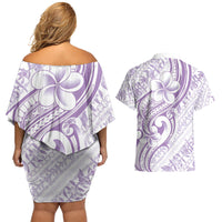 Hawaii Plumeria Lokelani Pikake Lei Couples Matching Off Shoulder Short Dress and Hawaiian Shirt Poni Polynesian Tattoo