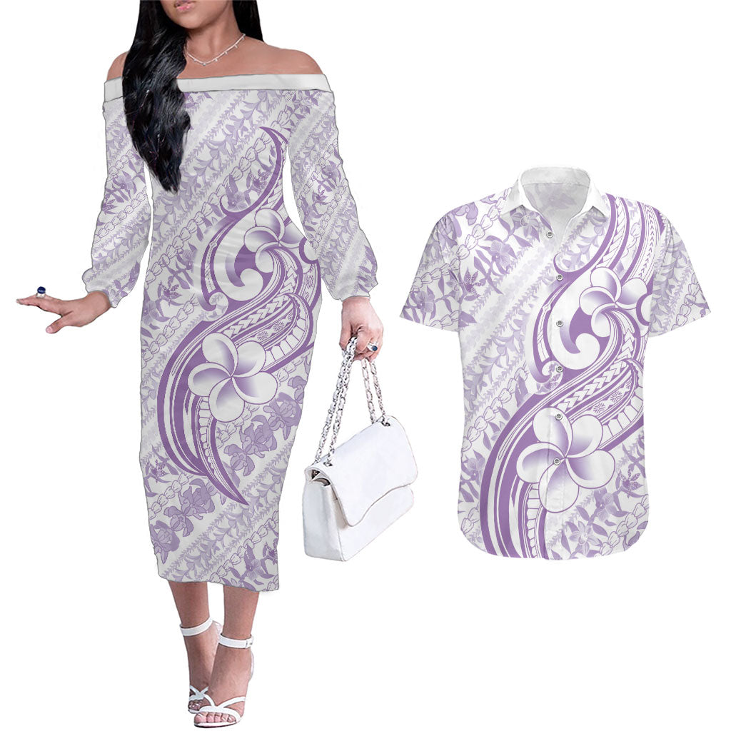 Hawaii Plumeria Lokelani Pikake Lei Couples Matching Off The Shoulder Long Sleeve Dress and Hawaiian Shirt Poni Polynesian Tattoo