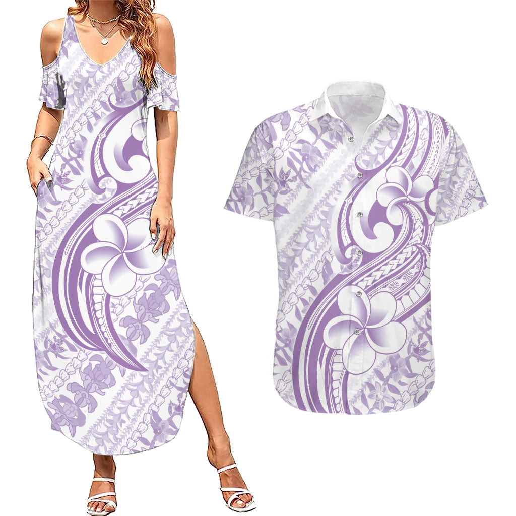 Hawaii Plumeria Lokelani Pikake Lei Couples Matching Summer Maxi Dress and Hawaiian Shirt Poni Polynesian Tattoo