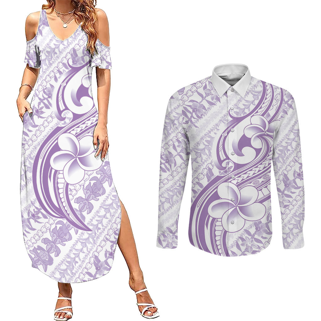 Hawaii Plumeria Lokelani Pikake Lei Couples Matching Summer Maxi Dress and Long Sleeve Button Shirt Poni Polynesian Tattoo