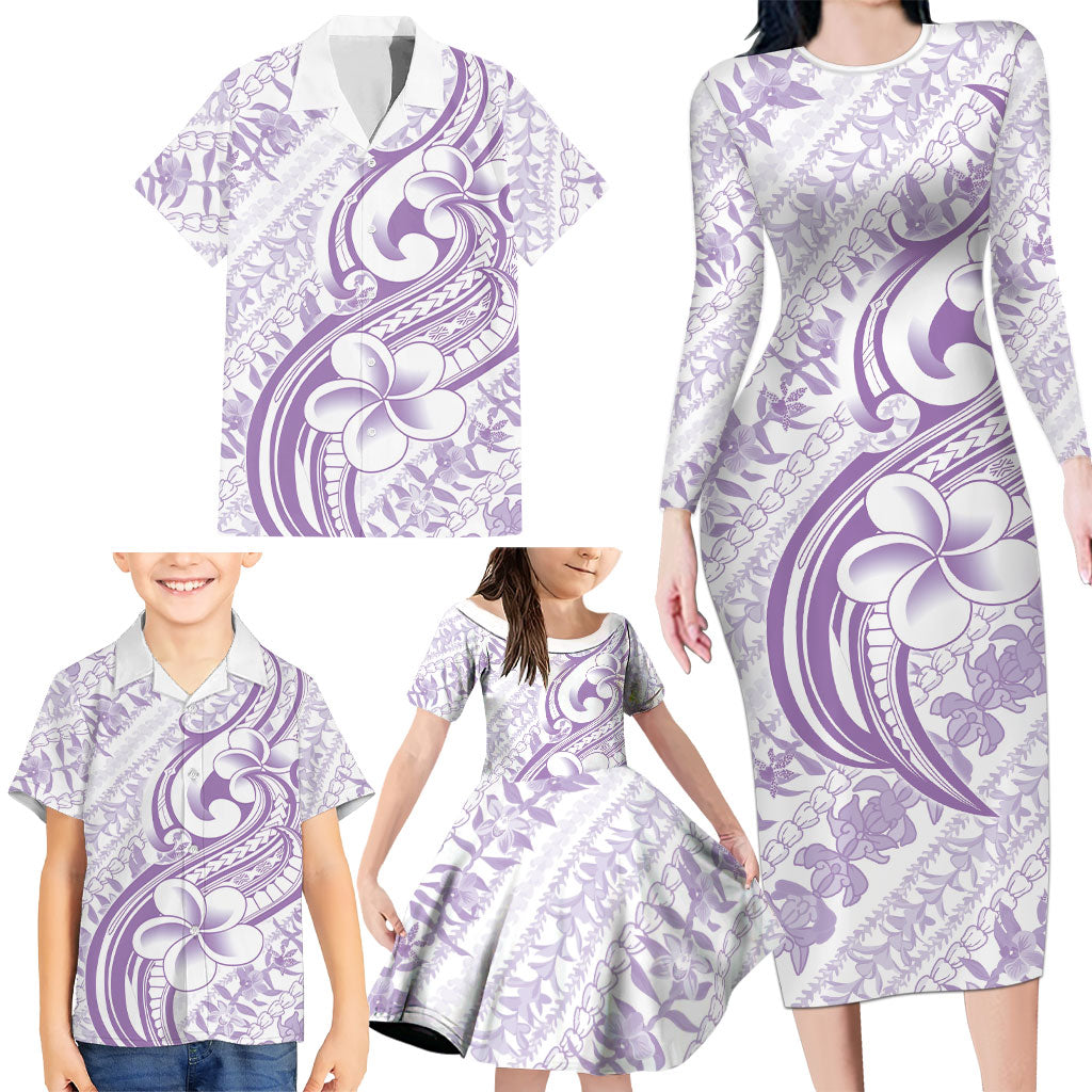 Hawaii Plumeria Lokelani Pikake Lei Family Matching Long Sleeve Bodycon Dress and Hawaiian Shirt Poni Polynesian Tattoo